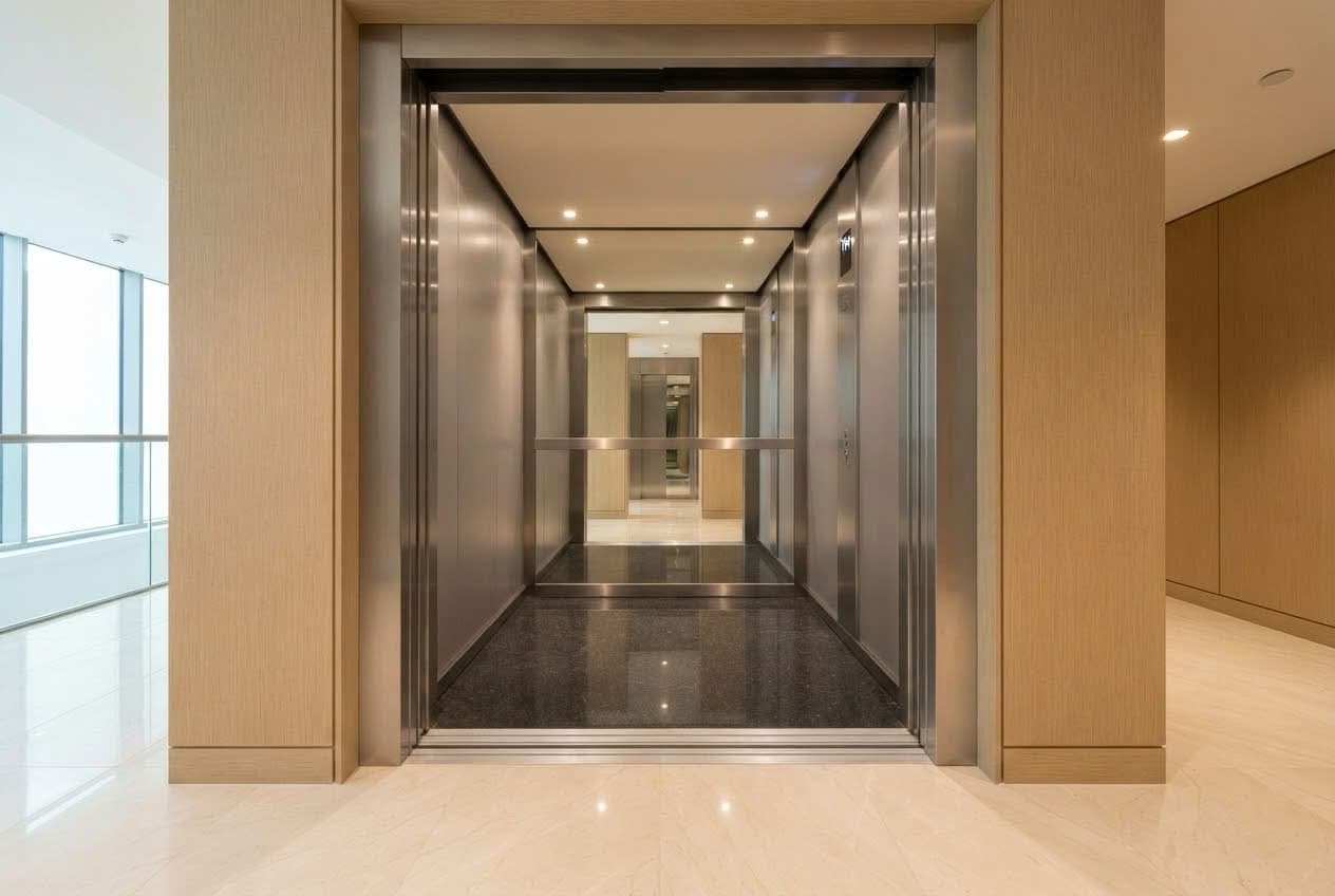 Cabine de elevador com paredes de aço escovado, piso de granito escuro e portas abertas, perfeitamente nivelada com o piso claro do hall