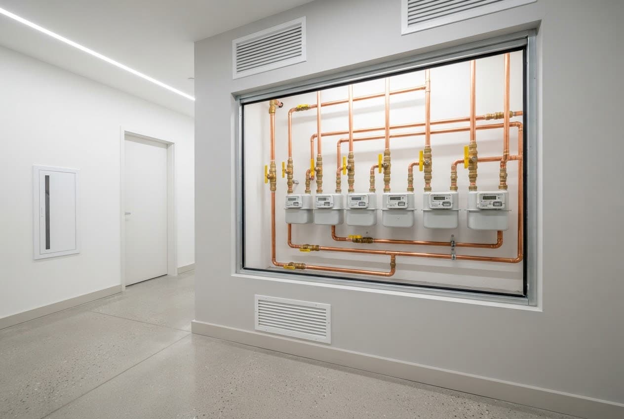 Abrigo de medidores de gás no corredor de um condomínio, com seis medidores, tubulação de cobre, registros amarelos e grelhas de ventilação acima e abaixo