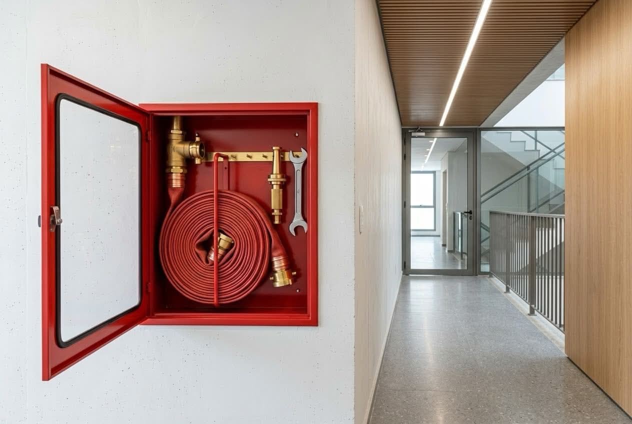 Abrigo de hidrante vermelho embutido na parede de um corredor, com porta de vidro aberta, válvula angular de latão, mangueira vermelha enrolada, esguicho e chave pendurados