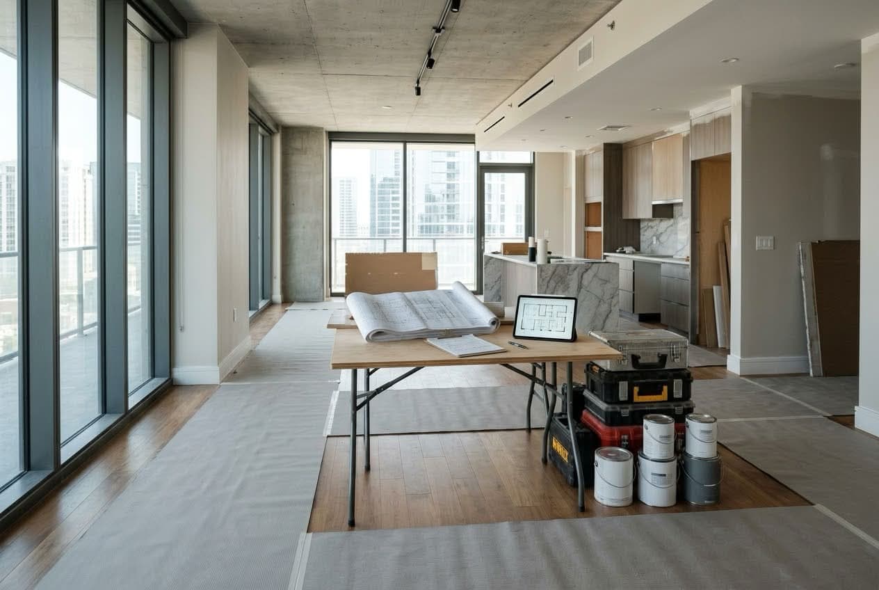 Apartamento em reforma com piso coberto por manta de proteção, mesa com plantas técnicas e tablet, caixas de ferramentas e latas de tinta