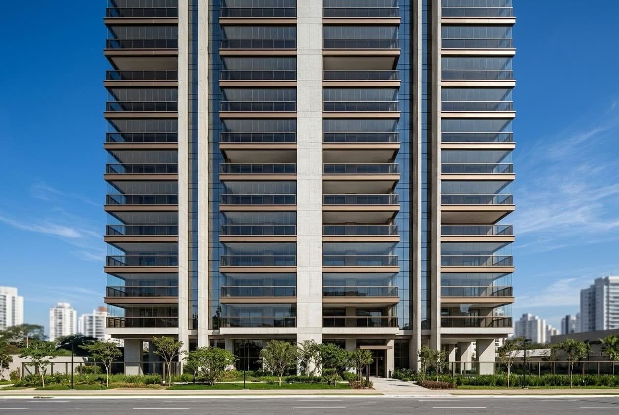 Fachada de edifício residencial alto com sacadas idênticas em todos os andares, guarda-corpos de vidro e perfis no mesmo padrão, sob céu azul