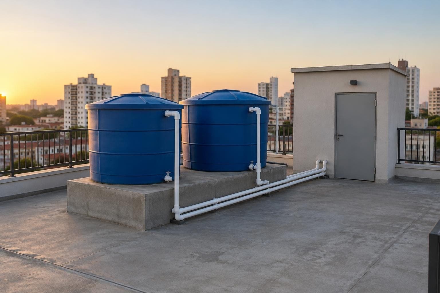 Duas caixas d'água azuis de polietileno sobre base de concreto na cobertura de um prédio, com tubos brancos ligados à casa de máquinas ao lado