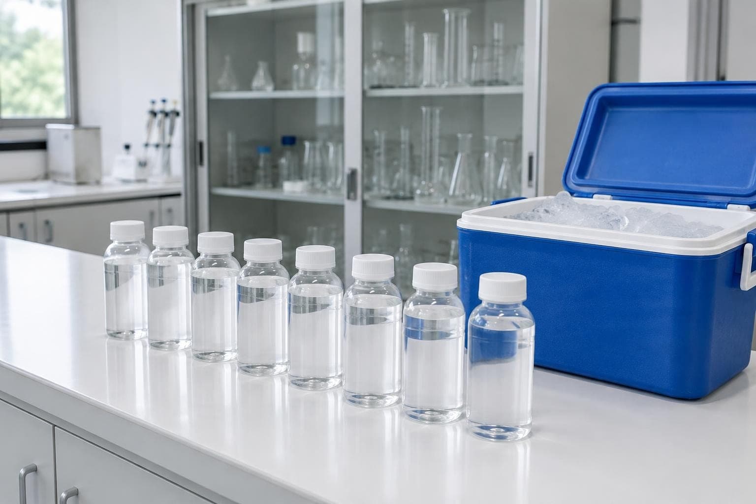 Bancada branca de laboratório com uma fileira de frascos transparentes cheios de água e uma caixa térmica azul aberta com gelo