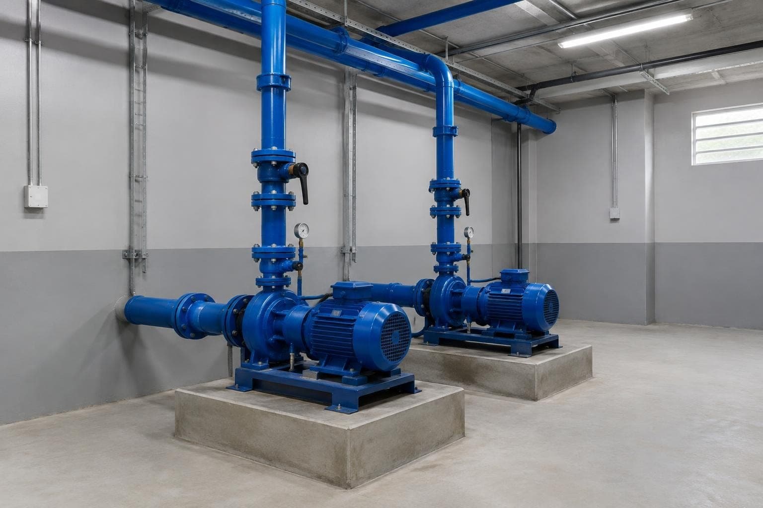 Casa de bombas com dois conjuntos motobomba azuis lado a lado sobre bases de concreto, com tubulações subindo pela parede cinza