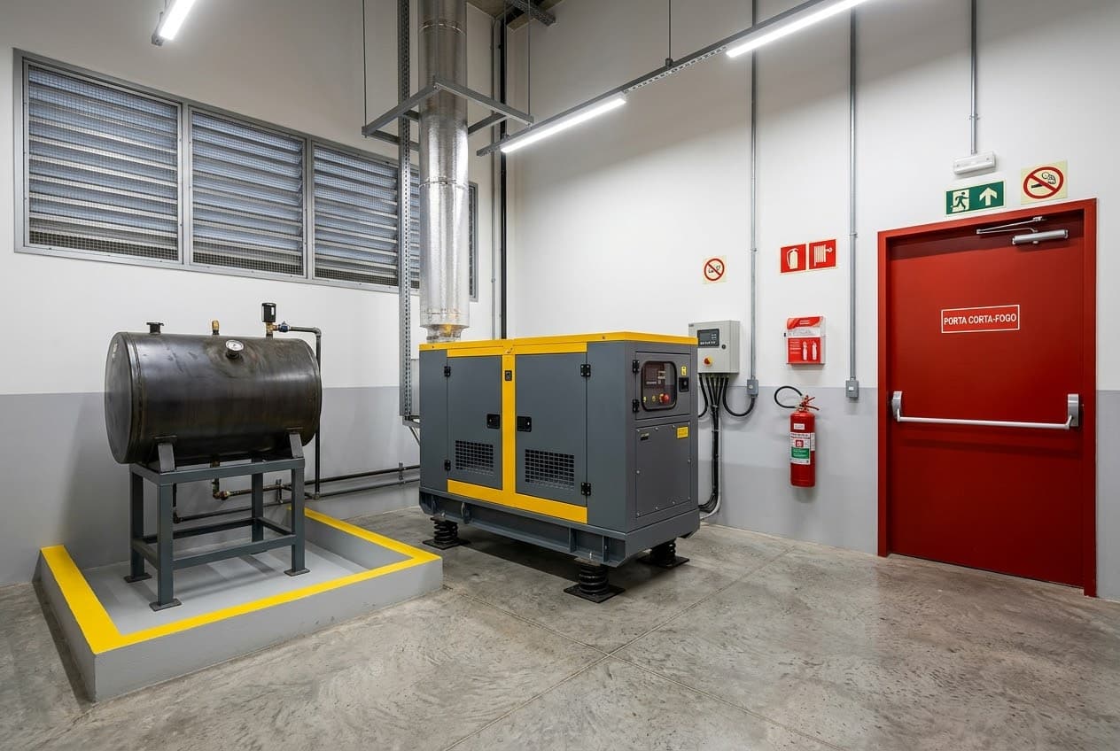 Esquema de bacia de contenção e ventilação da sala de gerador conforme a NR-20