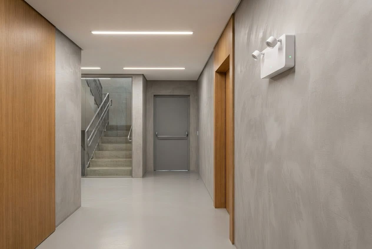 Corredor de condomínio com luminárias lineares no teto, porta corta-fogo ao fundo, escada à esquerda e bloco autônomo de emergência com dois faróis e LED verde na parede