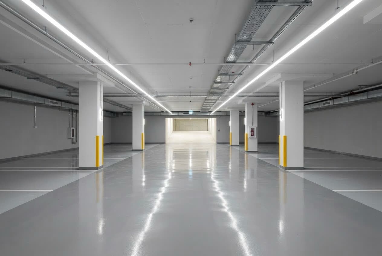 Garagem subterrânea com piso epóxi cinza brilhante, pilares brancos com faixas amarelas e duas linhas contínuas de luminárias LED no teto