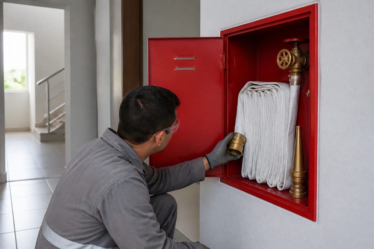 Técnico de uniforme cinza, luvas e óculos de proteção examinando a união da mangueira de incêndio dentro do abrigo de hidrante no corredor de um condomínio