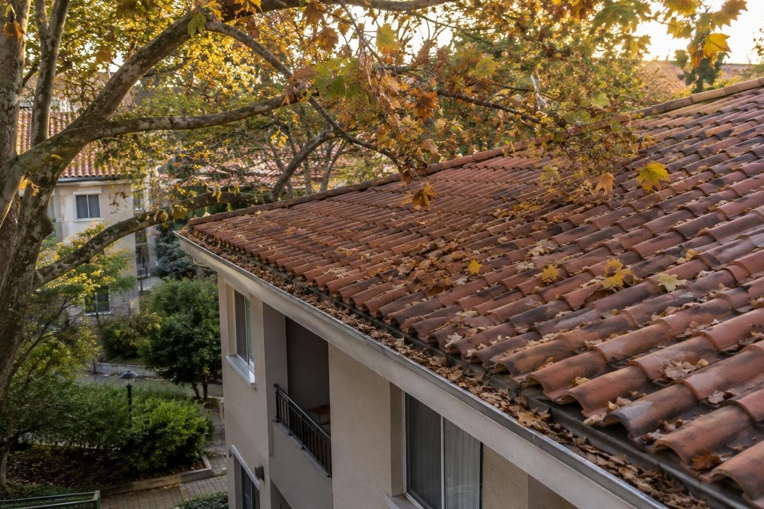 Telhado de telhas cerâmicas de um prédio residencial baixo, com galhos de uma árvore grande sobre ele e folhas secas espalhadas pelas telhas e acumuladas na calha do beiral