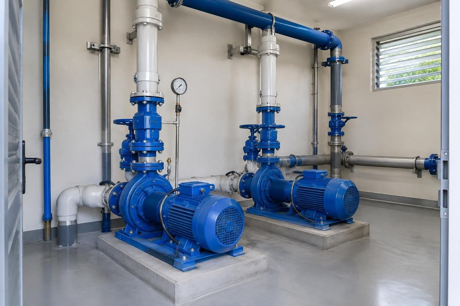 Casa de bombas com duas bombas centrífugas azuis lado a lado sobre bases de concreto, tubulações subindo pela parede e um manômetro na linha